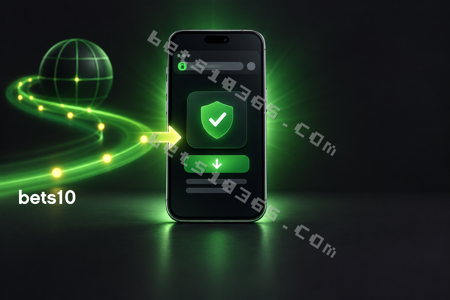Koyu zeminde yeşil ışık yolu ve doğrulama simgesiyle çevrelenen telefon, bets10 app link kontrolünü temsil ediyor.