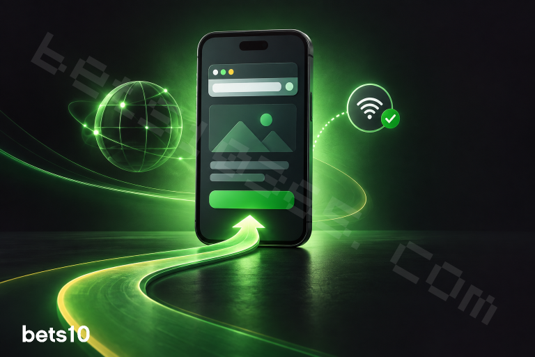 Koyu zeminde yeşil ışık yolu ve yön okuyla çevrelenen telefon ekranı, bets10 giriş linki için güvenli bağlantı kontrolünü simgeliyor.
