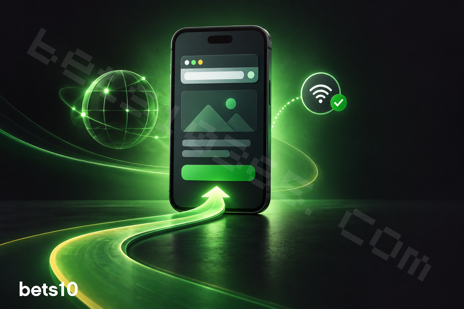 Koyu zeminde yeşil ışık yolu ve yön okuyla çevrelenen telefon ekranı, bets10 giriş linki için güvenli bağlantı kontrolünü simgeliyor.